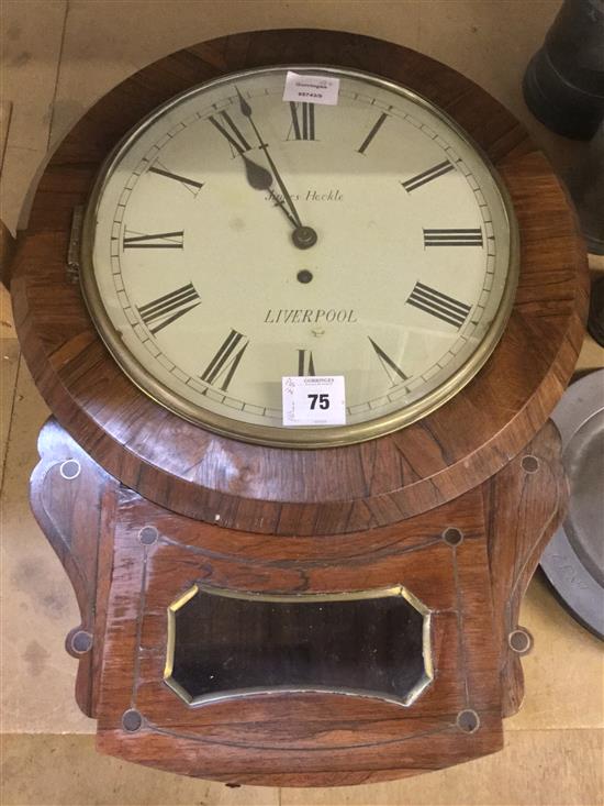 Victorian rosewood and brass inlaid drop dial wall clock, signed James Heckle, Liverpool, American movement(-)